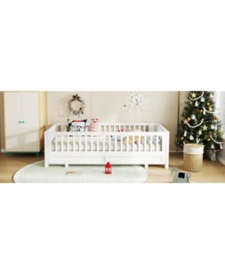 Streamdale Twin XL Platform Bed with Guardrails, Solid Wood, Converts to Queen