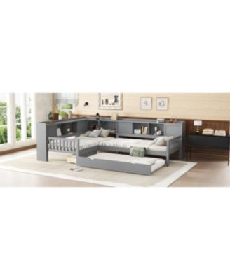 Streamdale L-shaped Twin Platform Bed with Trundle, Storage Drawers & Shelves, Grey
