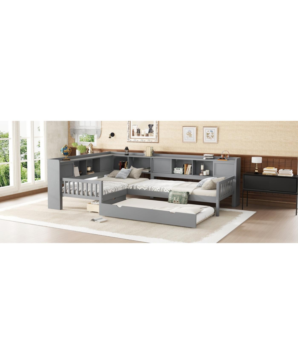 Streamdale Furniture Streamdale L-shaped Twin Platform Bed with Trundle, Storage Drawers & Shelves, Grey