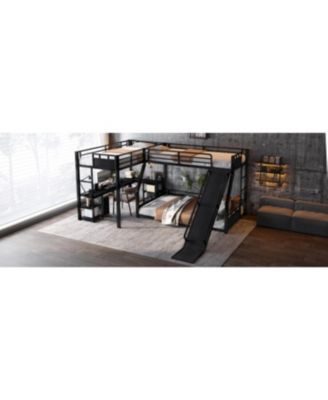 L-Shaped Metal Bunk Bed with Twin Loft, Desk, Storage, and Slide (Black)