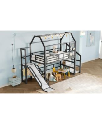 Streamdale Twin Loft Bed with Slide, Stairs, Storage & House Roof - Black