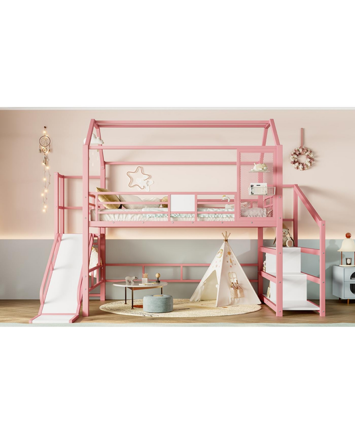 Streamdale Furniture Full House Loft Bed with Slide, Stairs, Storage, Pink