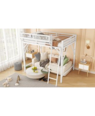  Queen Size Loft Bed with Ladder and Storage Shelves, White