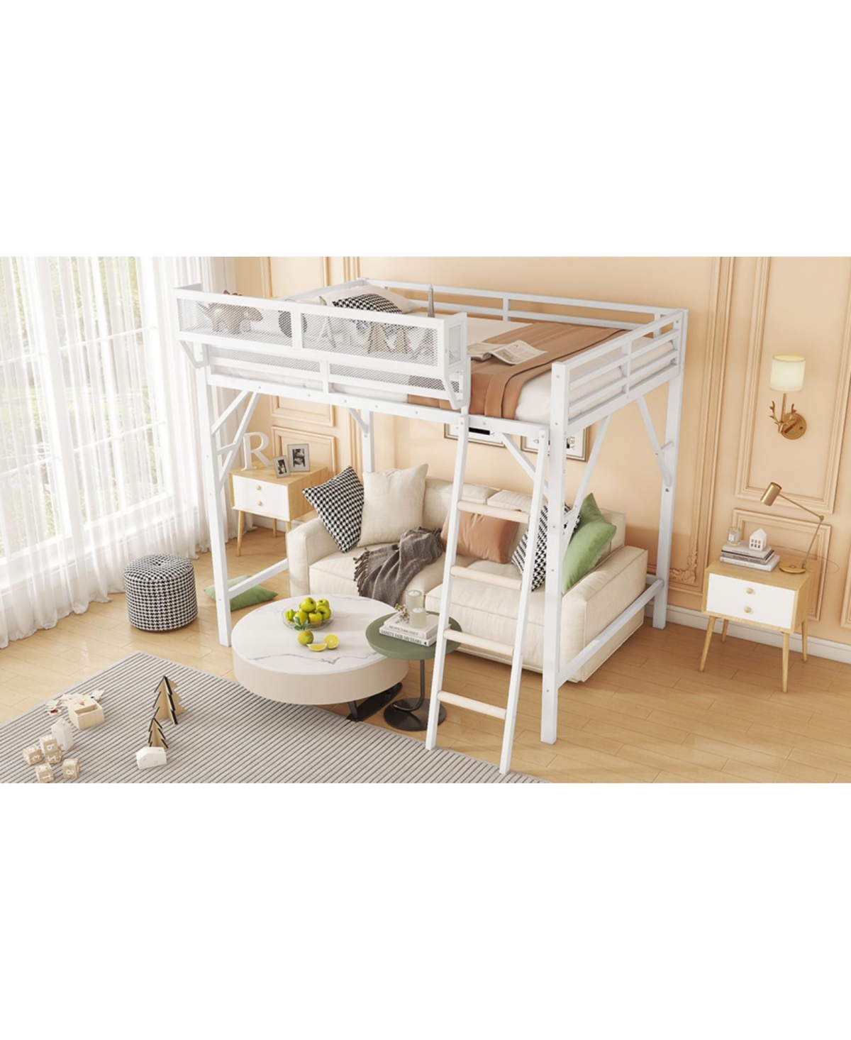 Streamdale Furniture Queen Size Loft Bed with Ladder and Storage Shelves, White