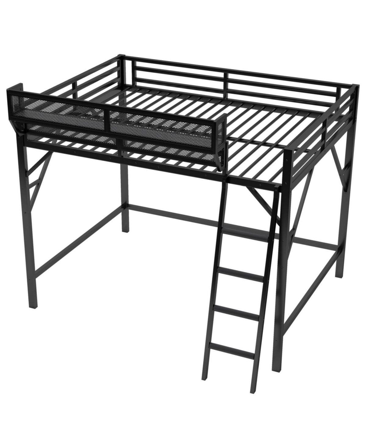 Streamdale Queen Size Metal Loft Bed with Ladder & Shelves - Black