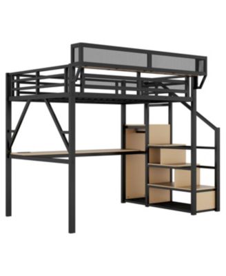 Full Loft Bed with Desk, Charging Station & Stairs - Black