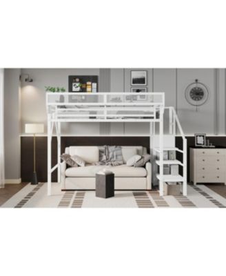 Twin XL Loft Bed with Stairs, Storage Shelves & Wardrobe - White