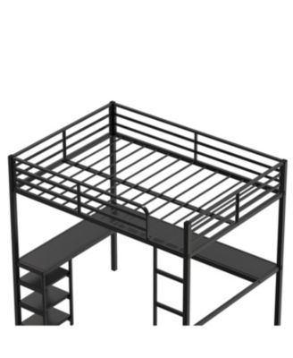 Full Size Loft Bed with Desk & Shelves, Heavy Duty Metal Frame, Black