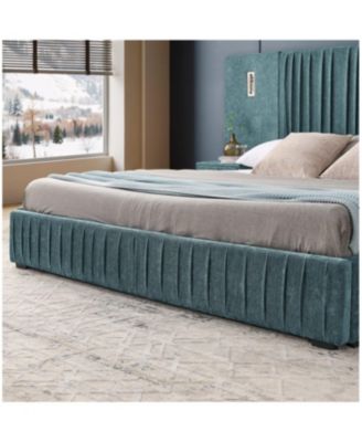 Size Upholstered Bed Frame with Chenille, Pleated Design, No Box Spring Needed-Blue-Green