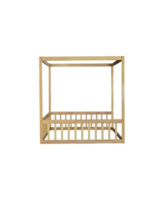 Full Size Canopy Frame Rubber Wood Floor Bed with Fence, Guardrails