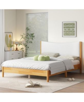 Queen Size Solid Rubber Wood Bed with Boucle Headboard, Beech White