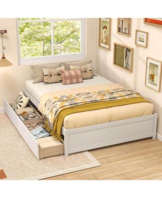 Wooden Platform Bed with 2 Rolling Storage Drawers Wood Slat Support