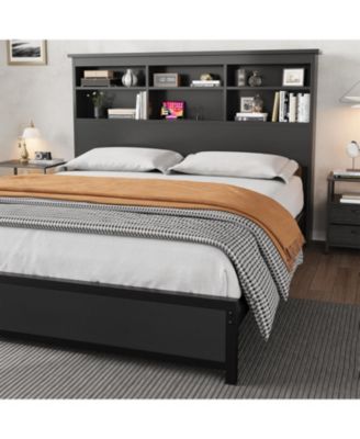 King Size Bed Frame with Bookcase Headboard, 2-Tier Storage Platform Bed with USB Charging Station, No Box Spring Needed, Easy Assembly