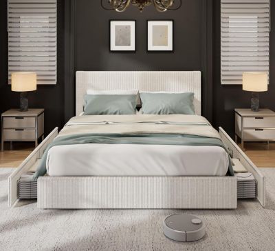 Size Platform Bed Frame with Tufted Wingback Headboard, Corduroy Upholstered Bed