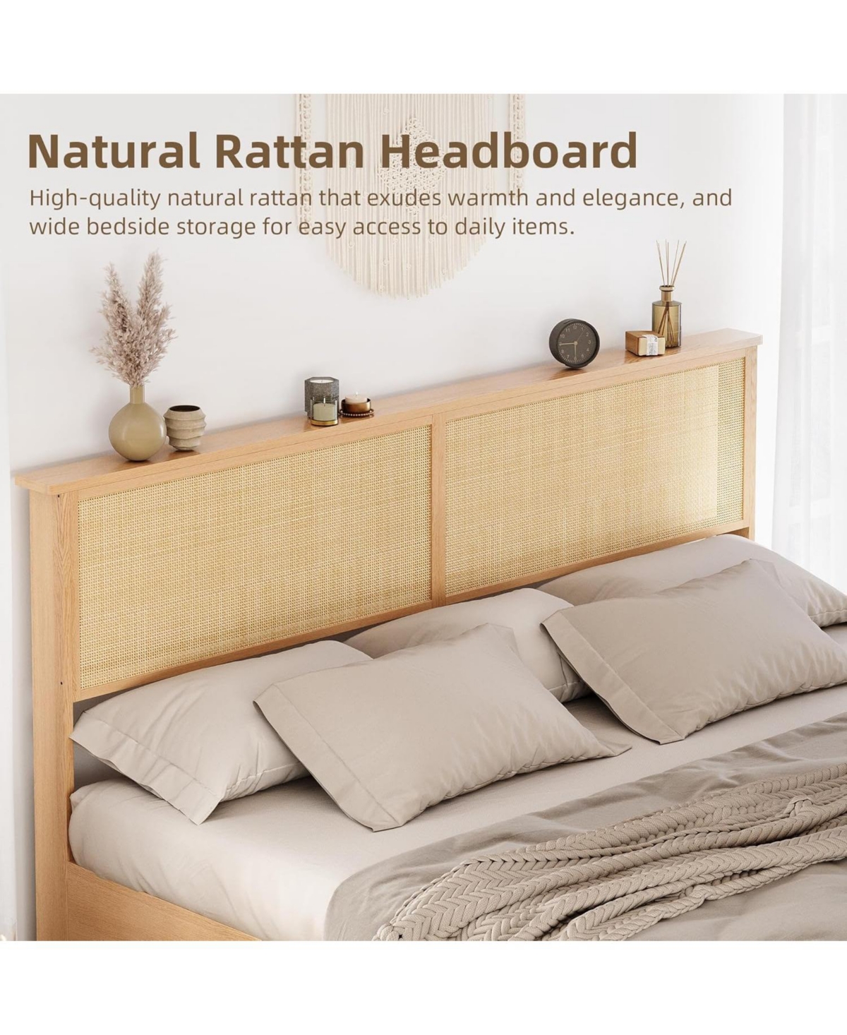 gaomon King Size Rattan Bed Frame with Sliding Barn Door Storage, Led Light Headboard, Boho Farmhouse Wood Platform Bed with Solid Wood Legs