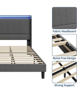 Upholstered Storage Bed with LED Lights, Charging Station & Integrated Shelves