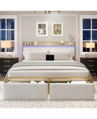 Velvet Upholstered Platform Bed Frame with Curved Button-Tufted Headboard, Golden Base and Sturdy Wood Slat Support