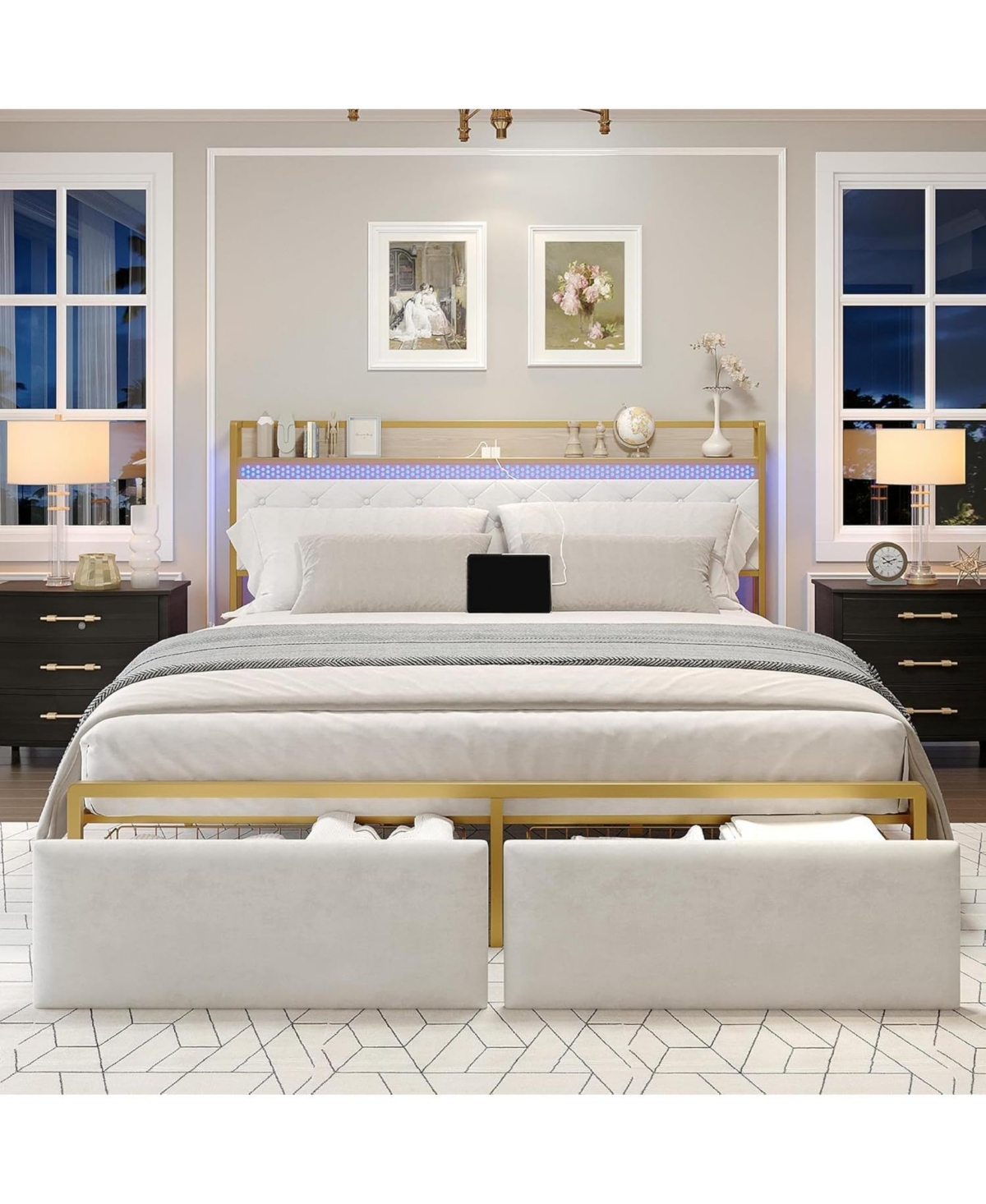 gaomon Velvet Upholstered Platform Bed Frame with Curved Button-Tufted Headboard, Golden Base and Sturdy Wood Slat Support