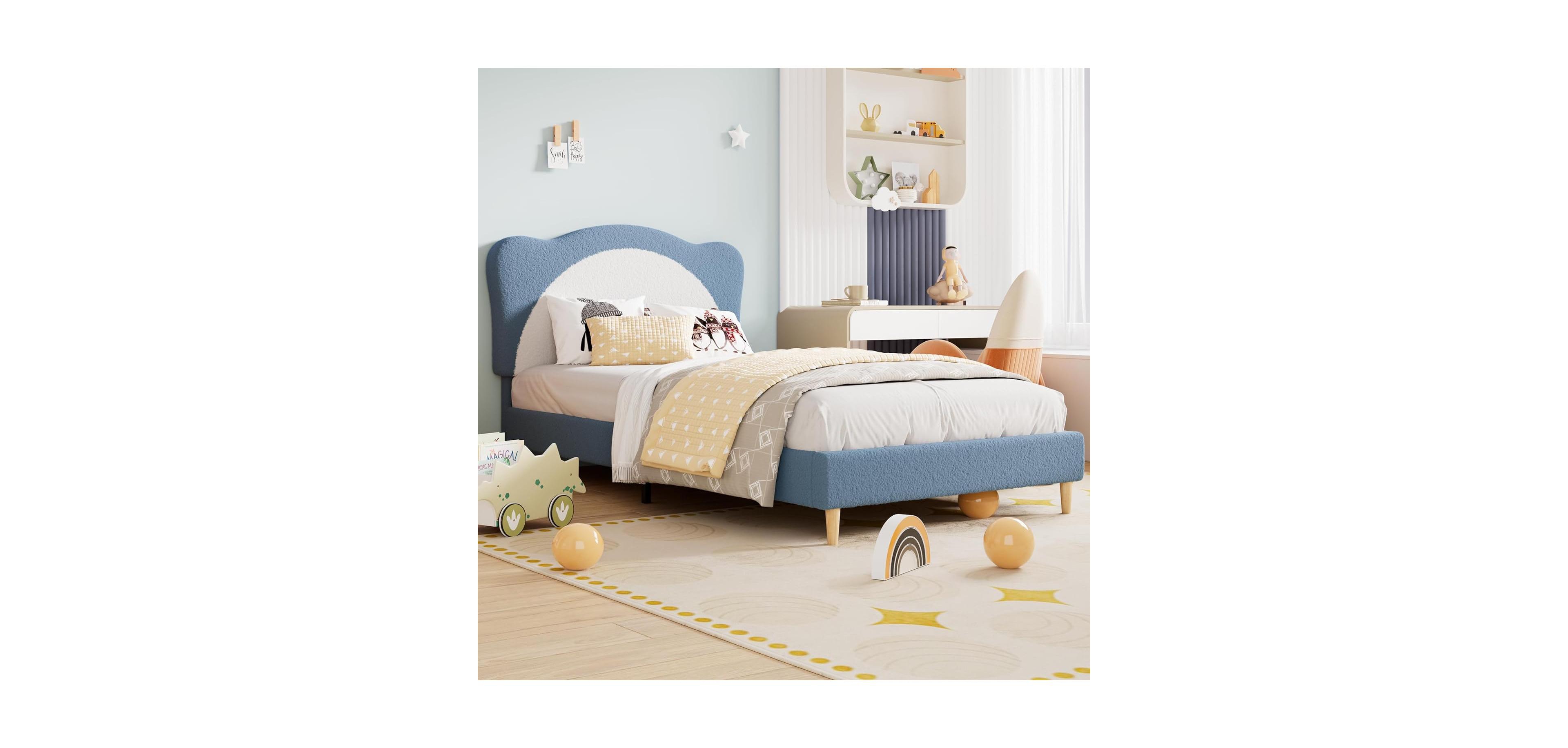 Gaomon Adjustable Scallop Headboard Velvet Upholstered Platform Bed Frame for Kids with Solid Wood Slats Support