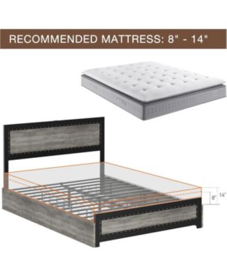 Bed Frame with Four Storage Drawers and Charging Station, Riveted Headboard Platform Bed with Metal Slat Frame, No Box Spring Required