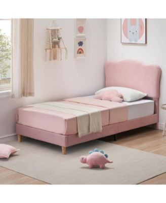 Bed Frame for Kids, Upholstered Platform Bed with Cute Boucle Velvet Headboard for Girls, No Box Spring Needed, Easy Assembly