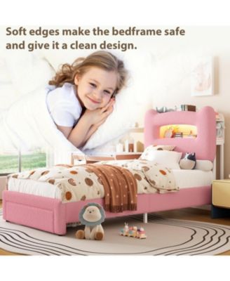 Upholstered Twin Bed Frame with Storage Headboard, Platform Bed with Drawer for Kids
