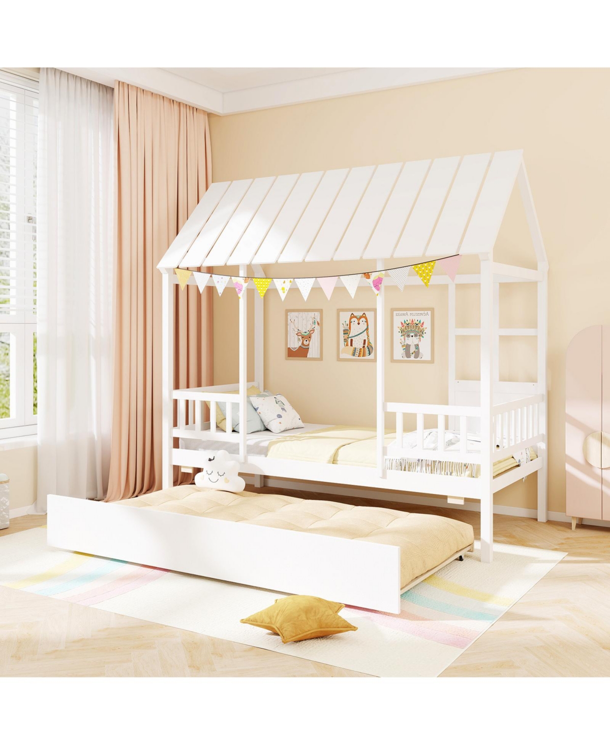Gymax Twin Size House Bed w/ Trundle Roof Window & Safety Guardrails Slats Support