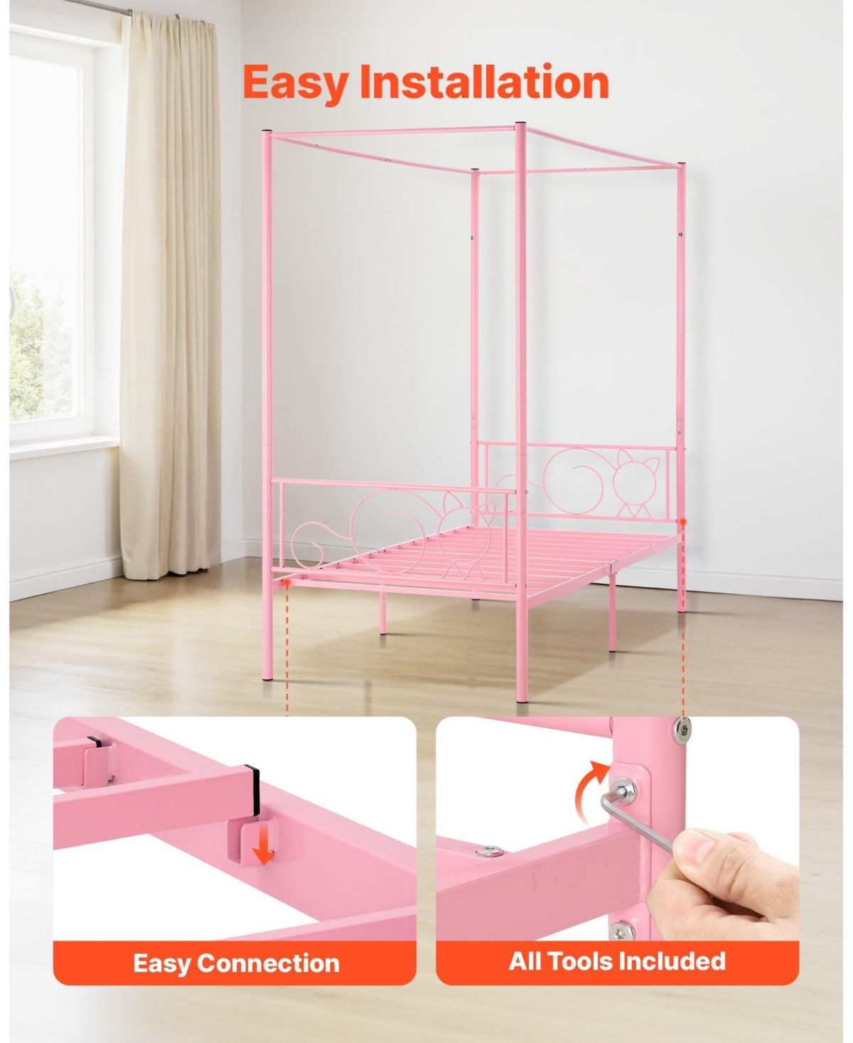 Slickblue Metal Canopy Bed with Headboard and Four Poster Frame.