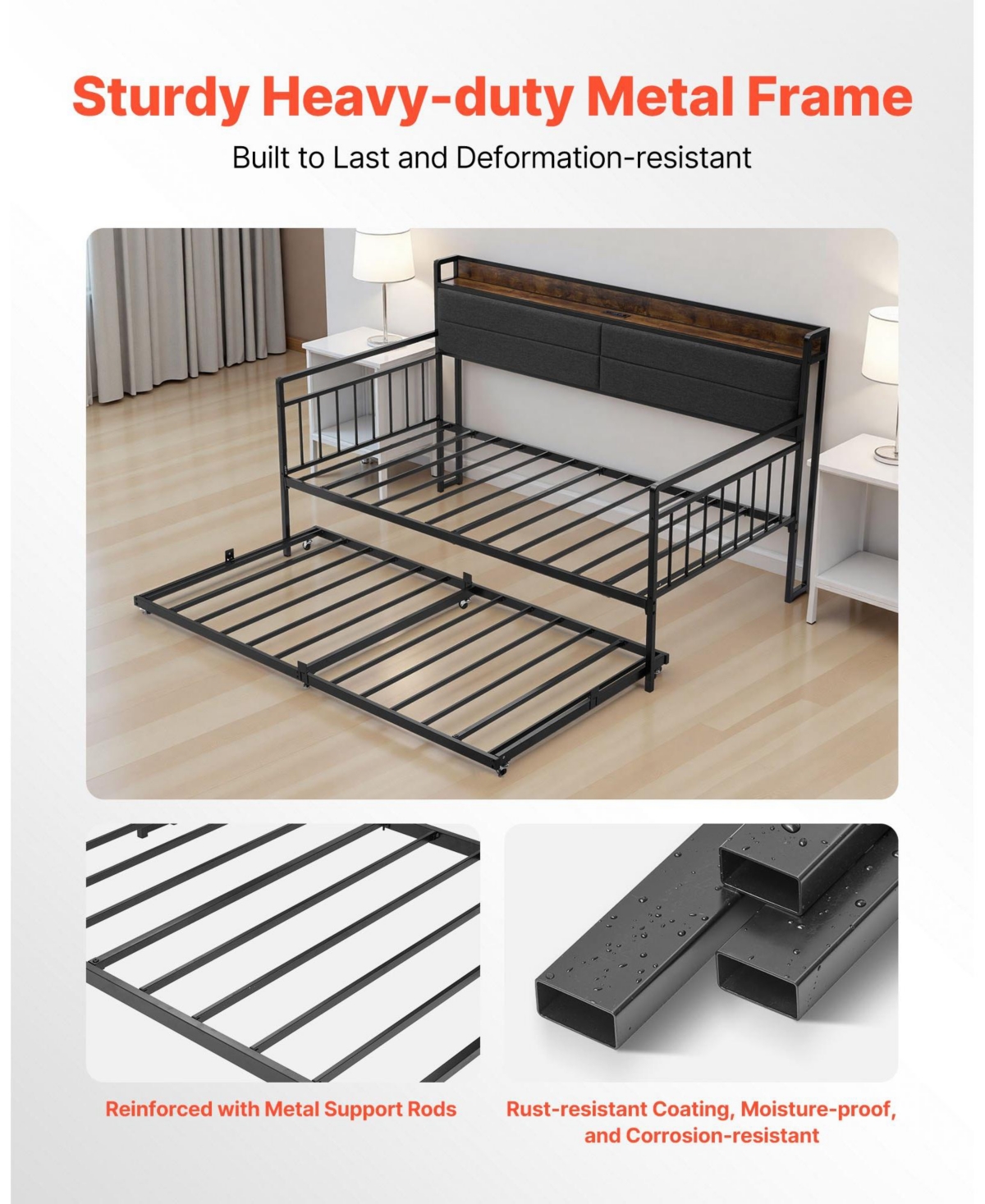 Slickblue Metal Daybed with Trundle and Built-in Charging Station