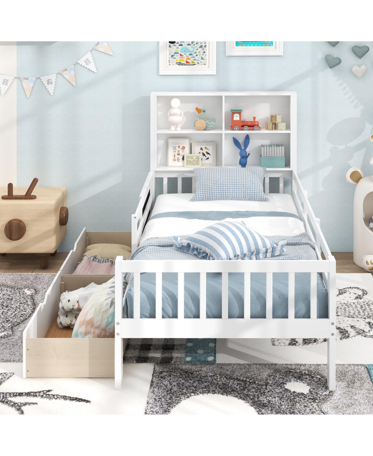 Slickblue Wooden Built-In Bookcase, 2 Storage Drawers, Guardrails, Durable Design Storage Bed