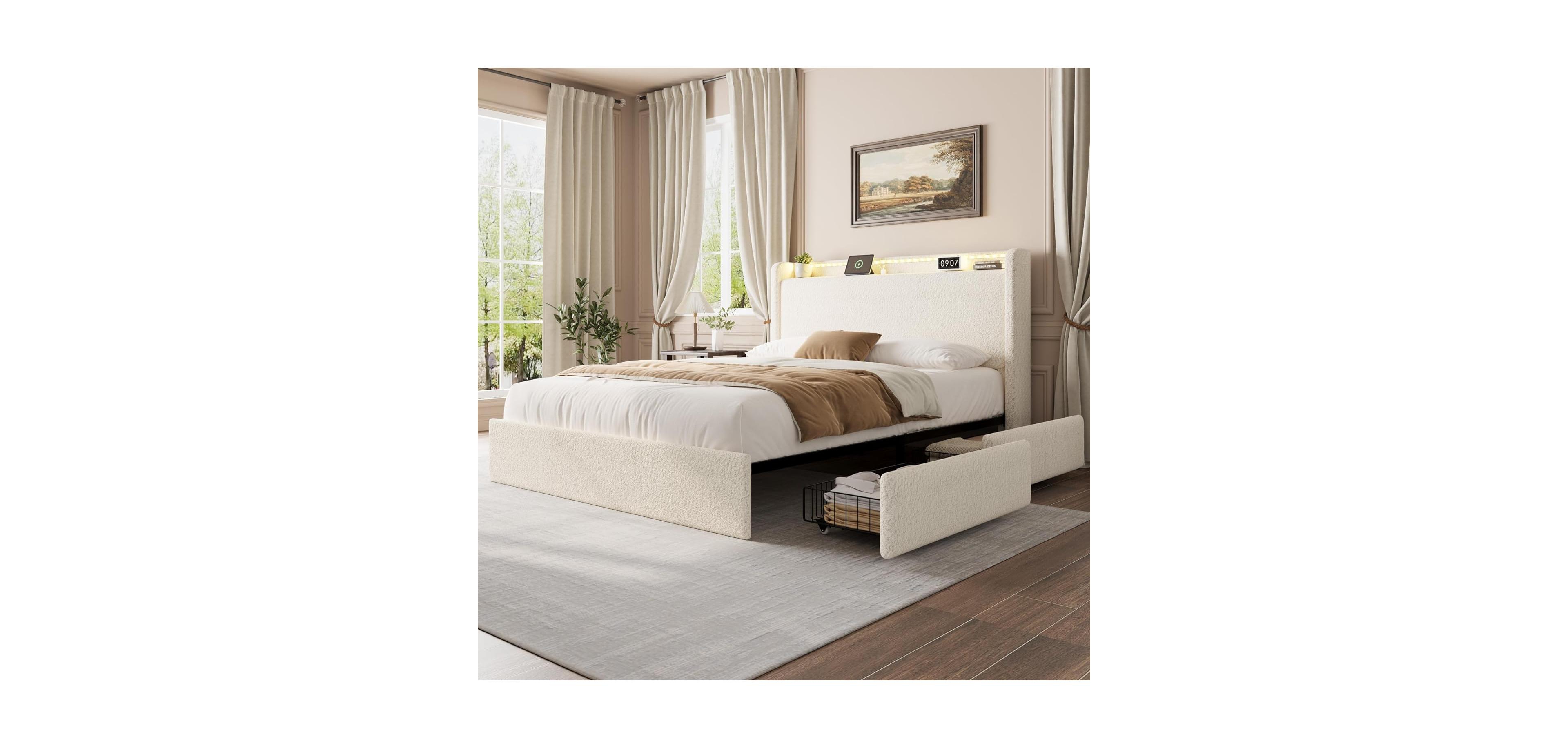 gaomon Queen Size Boucle Bed Frame with Storage Headboard, Charging Station, Led Lights, 4 Drawers, No Box Spring Needed.