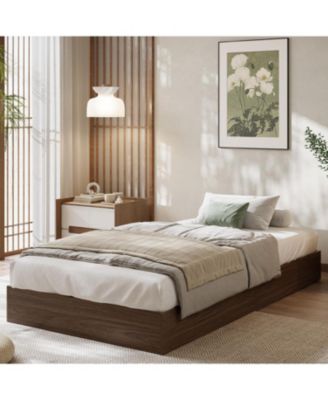 Twin Size Floor-Standing Minimalist, Sturdy Wooden Slats, No Box Spring, Walnut Solid Wood Platform Bed
