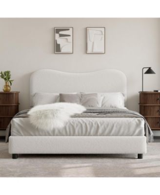 Queen Size White Boucle Bed Frame with Upholstered Headboard, Low Profile, Heavy Duty Wooden Slats, No Box Spring Needed