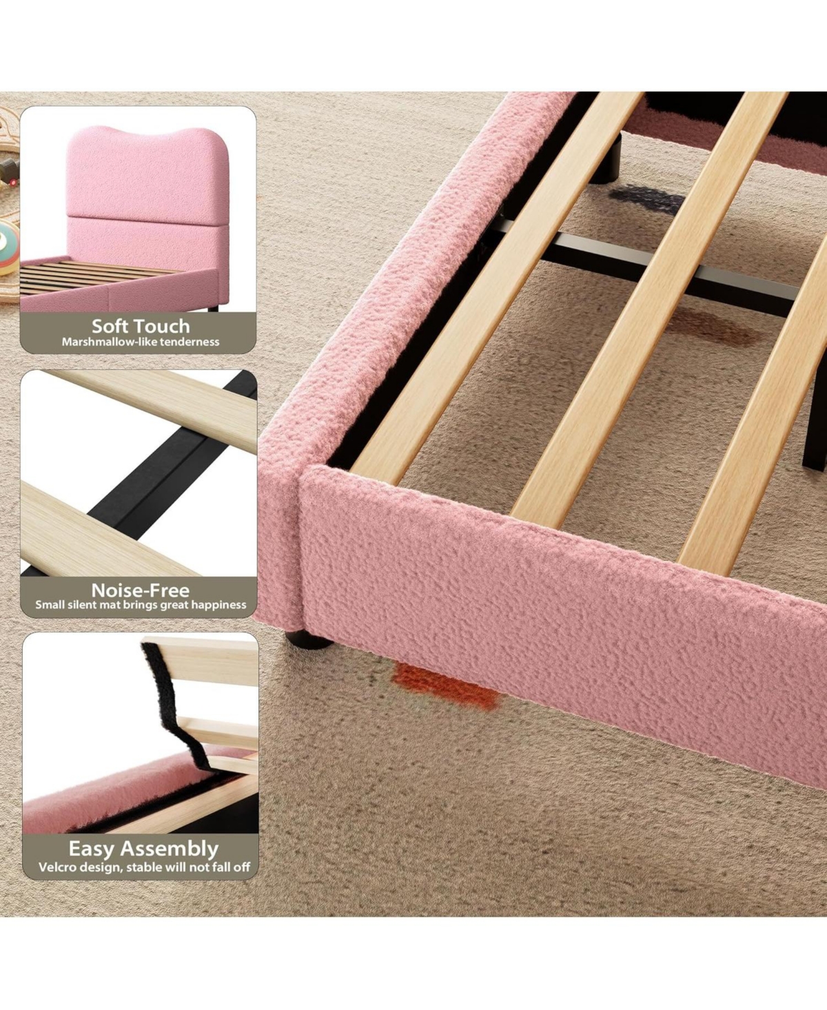 gaomon Twin Size Pink Velvet Upholstered Kids Bed Frame with Headboard, Low Profile, Cozy, Sturdy Wood Slats, Easy Assembly