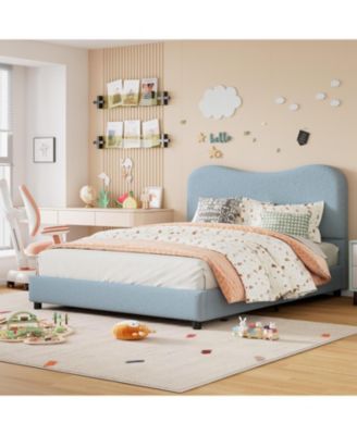Full Size Blue Boucle Bed Frame with Upholstered Headboard, Low Profile, Heavy Duty Wooden Slats, No Box Spring Needed