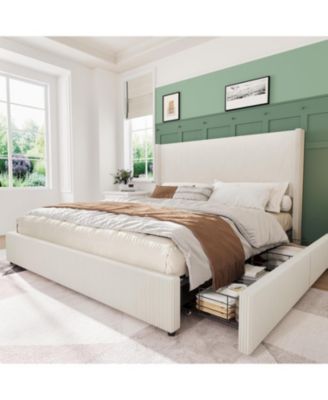 King Size Upholstered Platform Bed Frame with Storage Drawers, Corduroy Wingback Tufted Headboard & Footboard, Beige