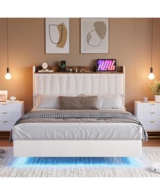 King Size Floating Bed Frame with LED Lights, Charging Station, Storage Headboard, No Box Spring Needed, White