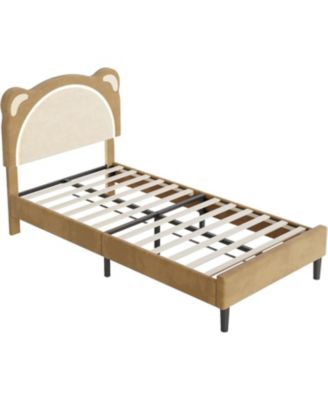 Twin Kids Upholstered Platform Bed Frame with Adjustable Headboard, LED Light, Wood Slats, No Box Spring, Coffee