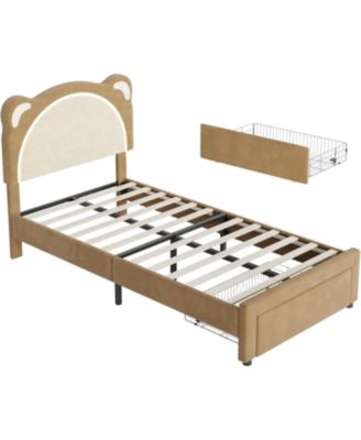 Twin Kids Upholstered Platform Bed Frame with Adjustable Headboard, Drawer, LED Light, Wood Slats, No Box Spring, Coffee