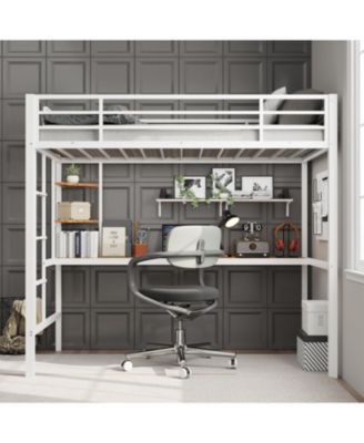 Twin Size Loft Bed with Large Desk, Storage Shelves, Metal Frame, Guardrail & Ladder, Space Saving
