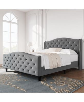 Queen Bed Velvet Frame with Wingback Headboard Nailhead Trim Sleigh Platform Wooden Slats