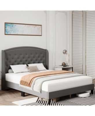 King Size Upholstered Platform Bed Frame Wingback Headboard Button Tufted Wood Slats Easy Assembly Gray
