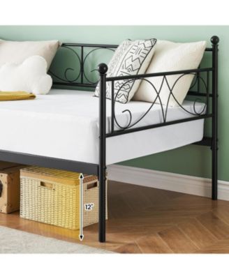 Twin Daybed with Trundle Metal Bed Floral Headboard Steel Slats Pull-Out Sofa White