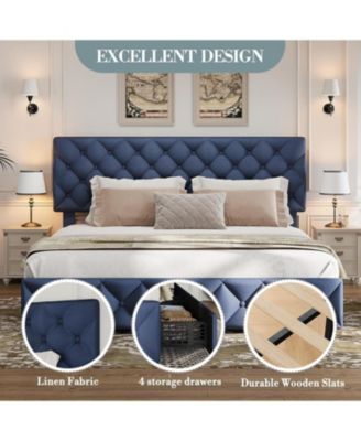 King Size Platform Bed Frame Adjustable Headboard 4 Drawers Modern Grey Upholstered with Footboard Wood Slats