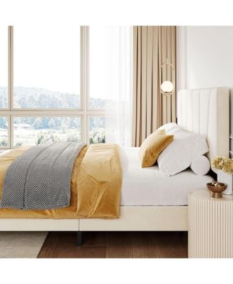 King Bed Frame with Adjustable Linen Upholstered Diagonal Channel Tufted Headboard Wooden Slats Box Spring Optional Beige