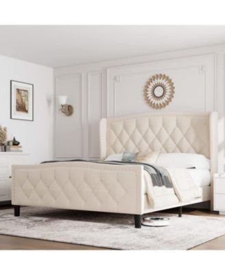 Queen Bed Frame  Upholstered 4 Storage Drawers Wingback Headboard Charging Station Button Tufted