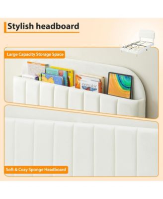 Velvet Upholstered Twin Bed Frame with Storage Headboard, Wooden Slats, Noise Free – Platform Bed for Kids Girls