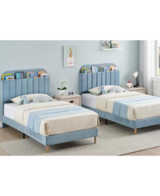 Twin Bed Frame with Storage Headboard Velvet Upholstered Platform for Boys Wooden Slats Noise Free Easy Assembly No Box Spring