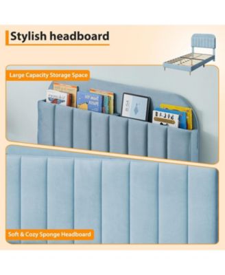 Twin Bed Frame with Storage Headboard Velvet Upholstered Platform for Girls Wooden Slats Noise Free Easy Assembly