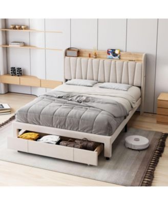 Full Size Bed Frame Storage Headboard Upholstered Platform Drawers Charging Station Noise Free No Box Spring Beige
